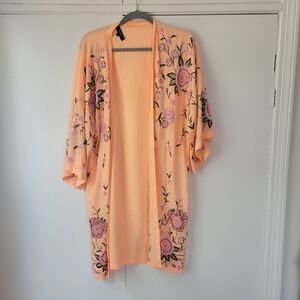 Peach Floral Embroidered Kimono